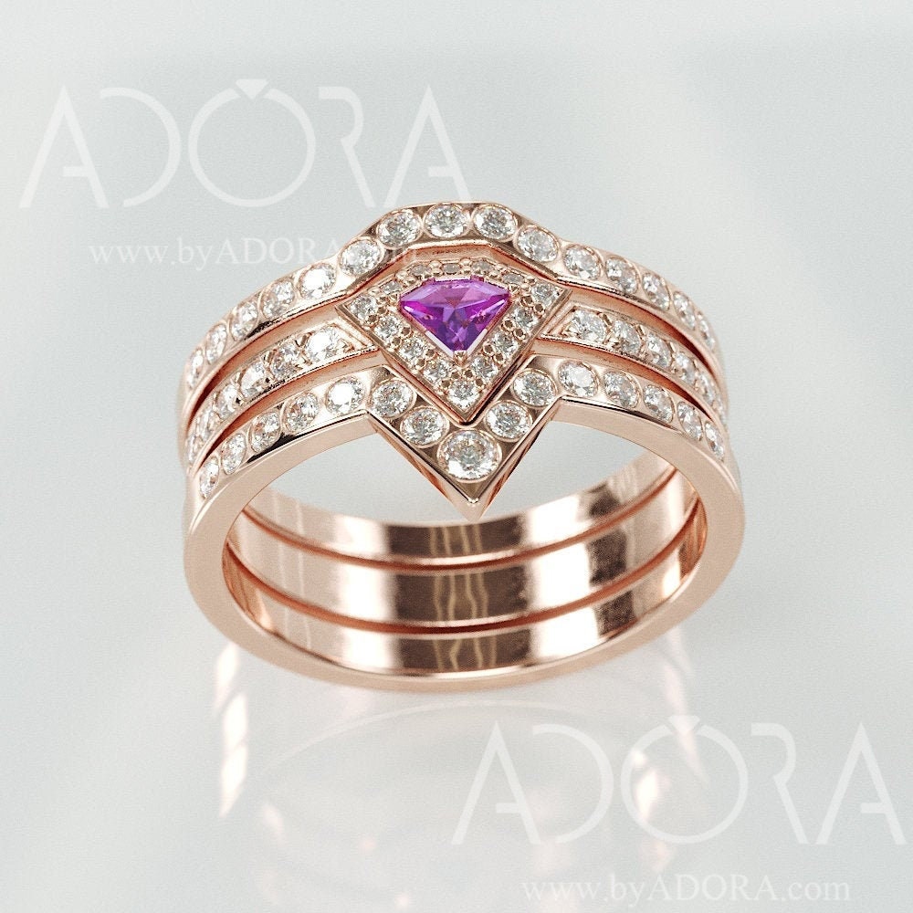 Diamond Cut Amethyst Engagement Bridal Rings Set | 14K Rose Gold & Wedding With Natural Diamonds