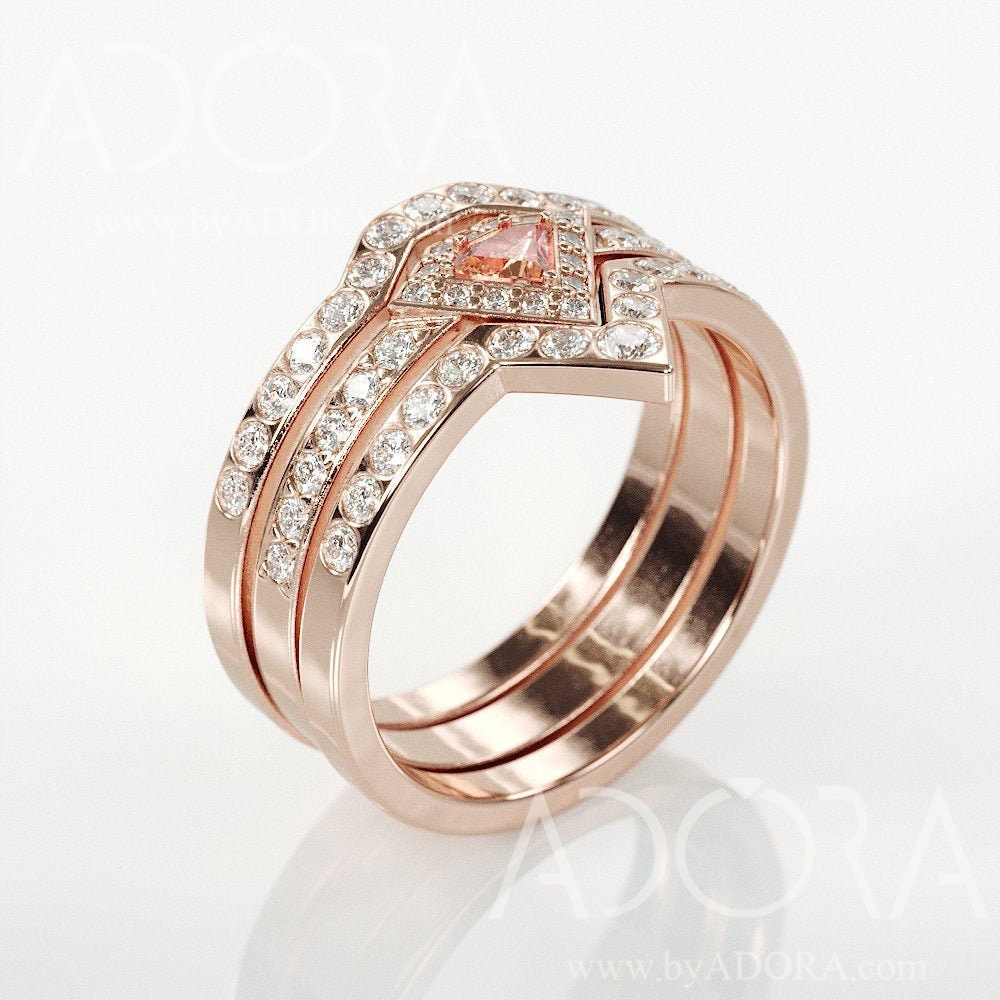 Diamond Cut Morganite Engagement Bridal Rings Set | 14K Rose Gold & Wedding With Natural Diamonds
