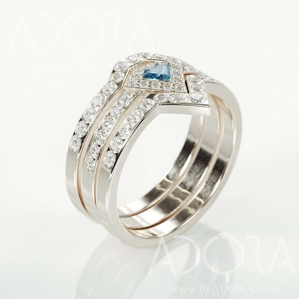 Diamond Cut London Blue Topaz Engagement Bridal Rings Set | 14K White Gold & Wedding With Diamonds