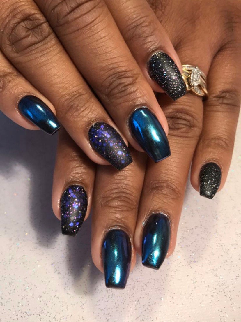 Galaxy Nails | Gel Nails Mirror & Glitter Overlay Jewels