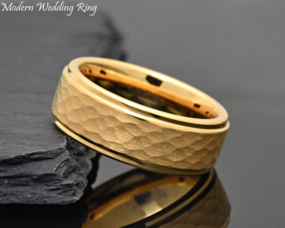 Hammered Gold Plated Tungsten Ring, Engraved Wedding Band