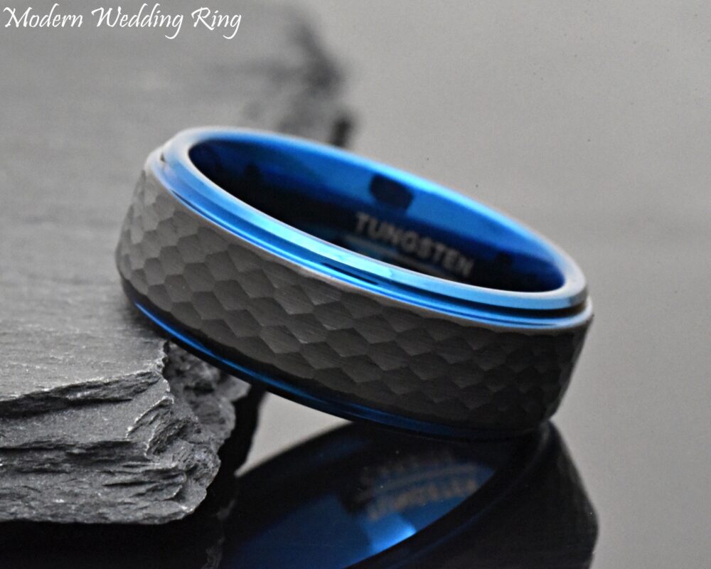 Hammered Black Tungsten Carbide Ring, Blue Edge, Engraved Wedding Band