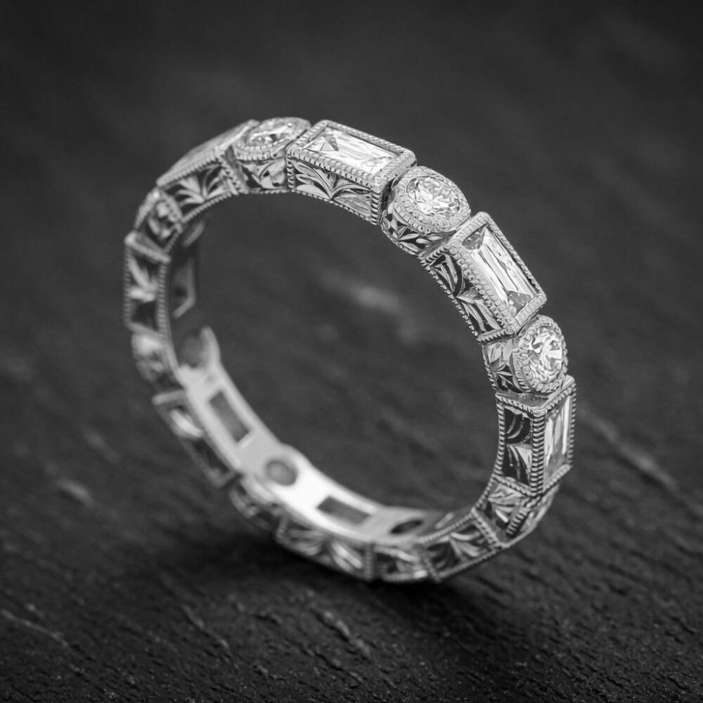 Diamond Baguette Wedding Ring, 14K Gold Hand Engraved Vintage Band 3mm