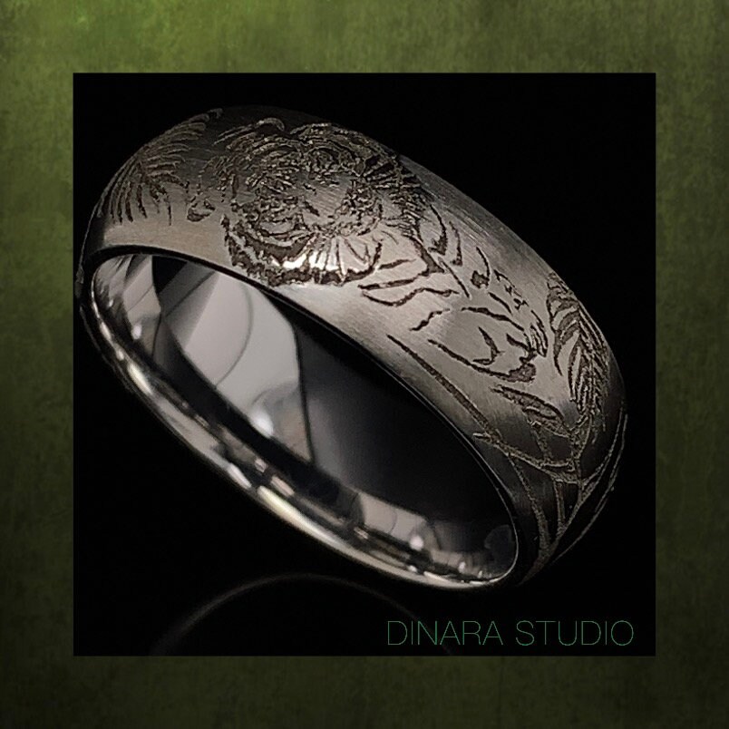 14K White Gold Tiger Ring Laser Engraved Wedding Band