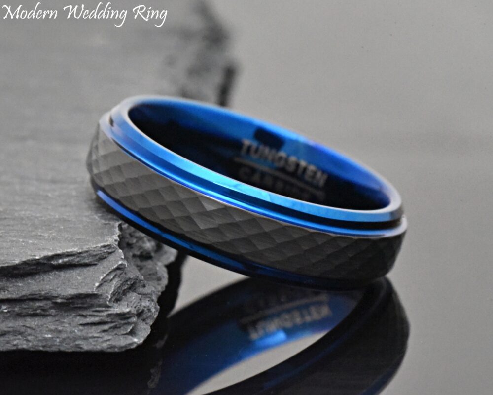 Hammered Black Tungsten Carbide Ring, Blue Edge, Engraved Wedding Band