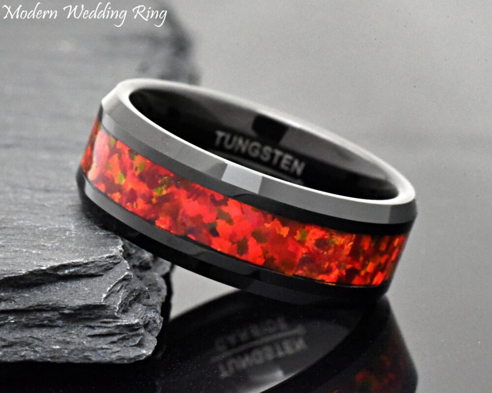 Red Fire Opal Tungsten Ring, Laser Engraved Wedding Band