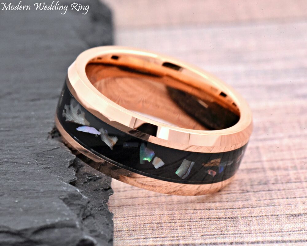 Rose Gold Tungsten Ring With Abalone & Black Resin, Engraved Wedding Band