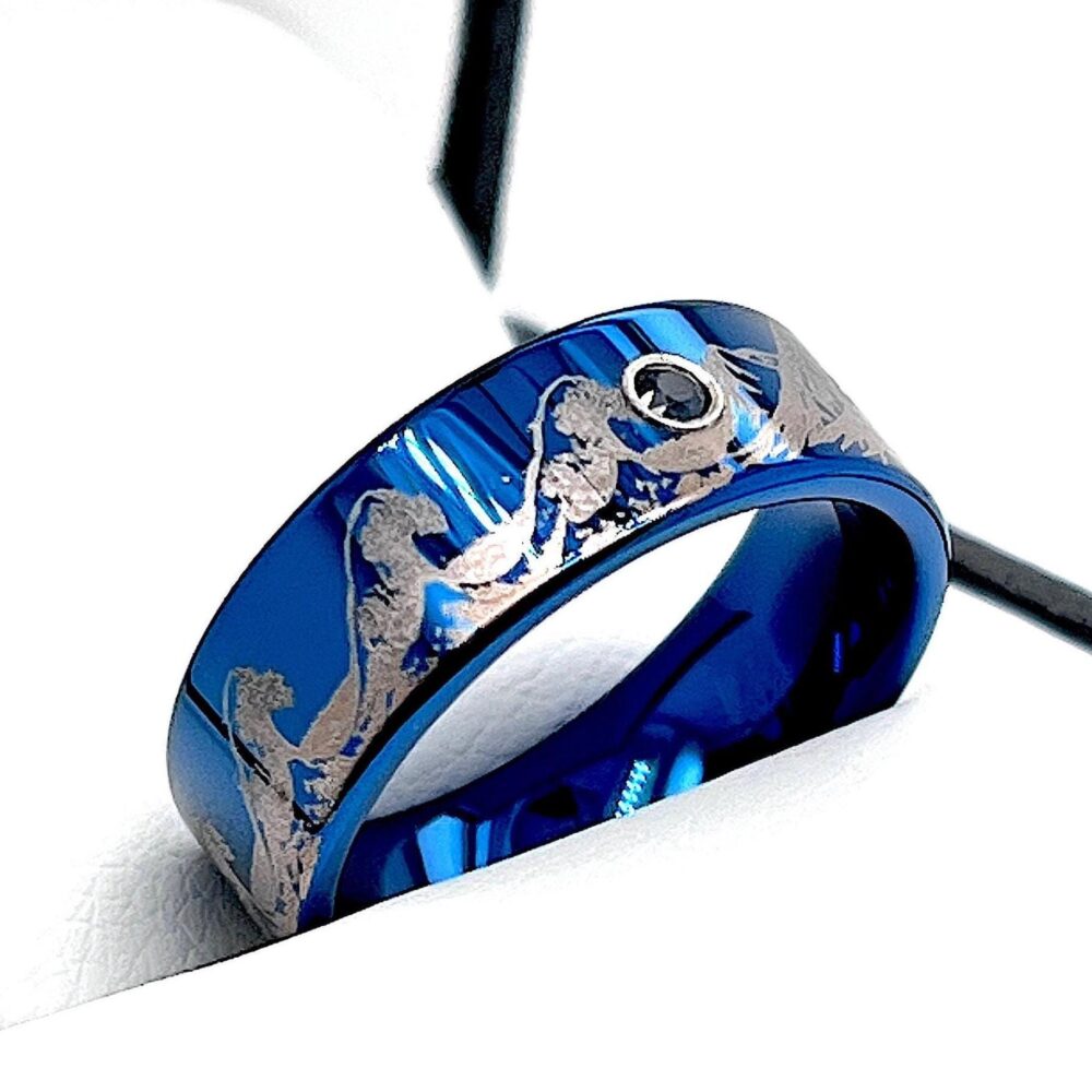 Blue Tungsten Ocean Wave & Mountain Range Engraved Wedding Band With Sapphire - 8mm