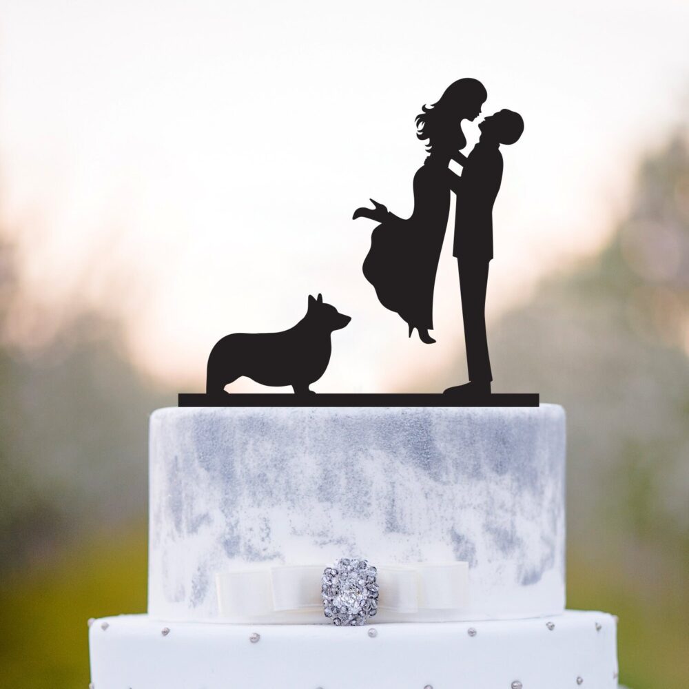 Wedding Cake Topper, Dog Corgi Custom Acrylic Couple Silhouette With Topper, A29