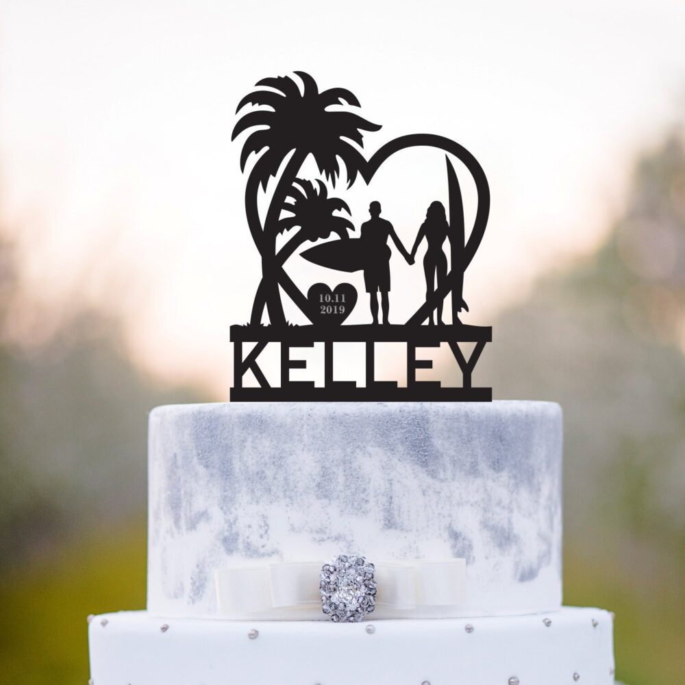 Wedding Cake Topper, Tropical Surfing Custom Palm Tree Acrylic Beach Gift, A186