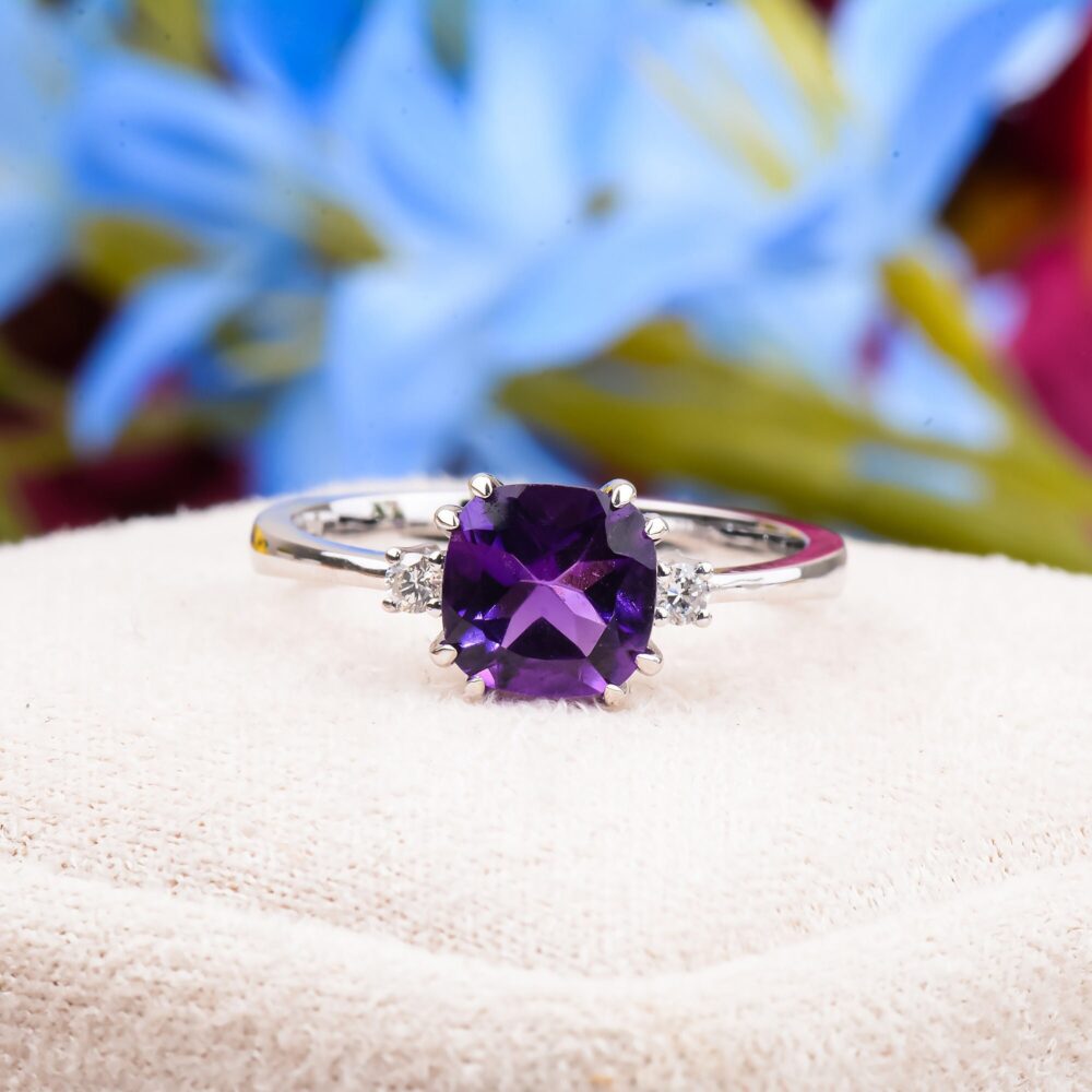 Handmade Amethyst Engagement Ring, Diamond Accent, Solid Gold