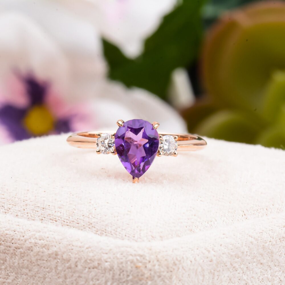 Pear Cut Amethyst Engagement Ring Rose Gold & Diamond Accent, Handmade