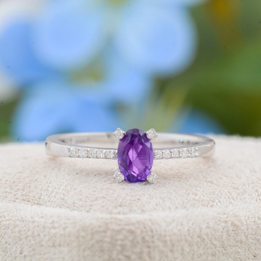 Handmade Solid Gold Amethyst Engagement Ring With Diamond Accents