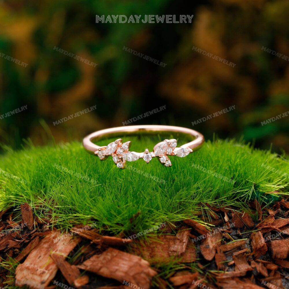 Vintage Moissanite Wedding Ring Band April Birthstone Daily Ringantique Diamond Enhancer Solid Gold Leaf Shape Design Guard