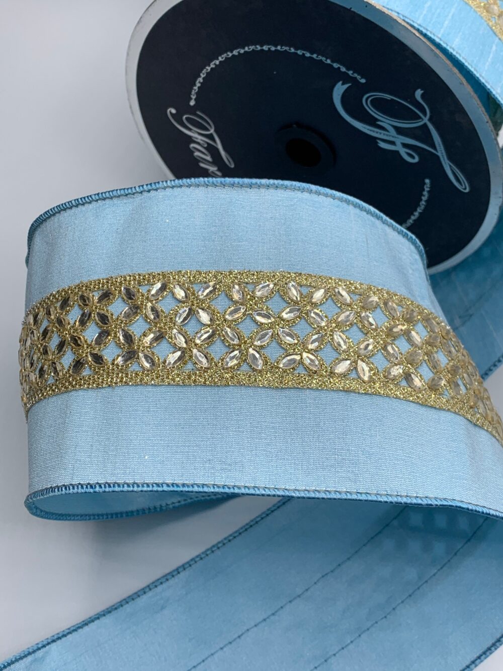 4" Spring Jewels Ribbon ~ Light Blue Fused Back Gold Jewel Center Wired Edges Farrisilk 10 Yard Roll
