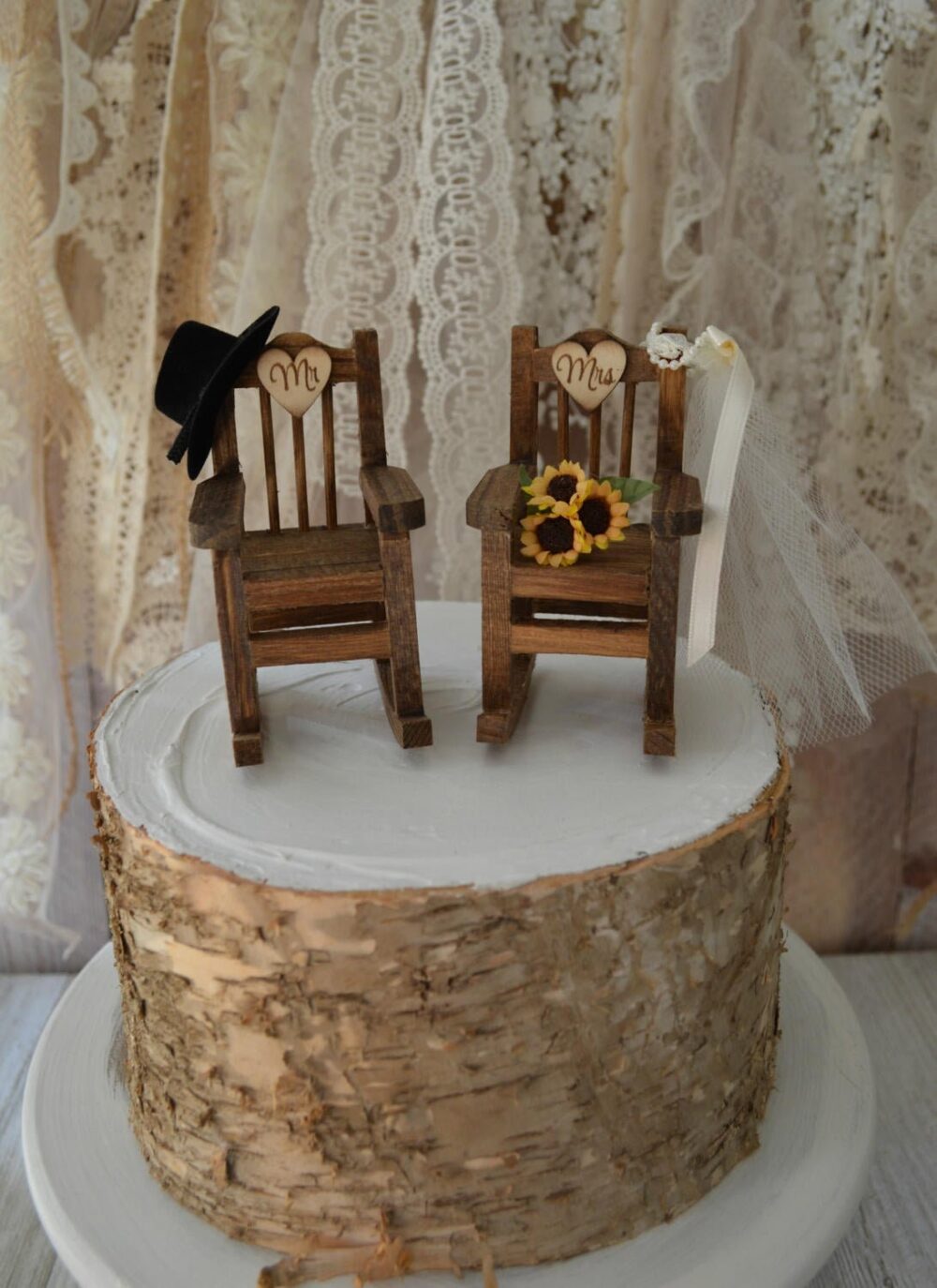 Rocking Chair Wedding Cake Topper Country Weddings Rustic Sunflowers Bride Groom Mr & Mrs Hat Veil Sign Wood Chairs Western