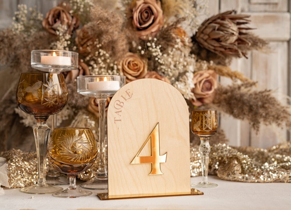 Rustic Wood Arch Wedding Table Numbers, Wooden Gold Plexi Country Barn Decor, Golden Table Numbers, Wdgpx