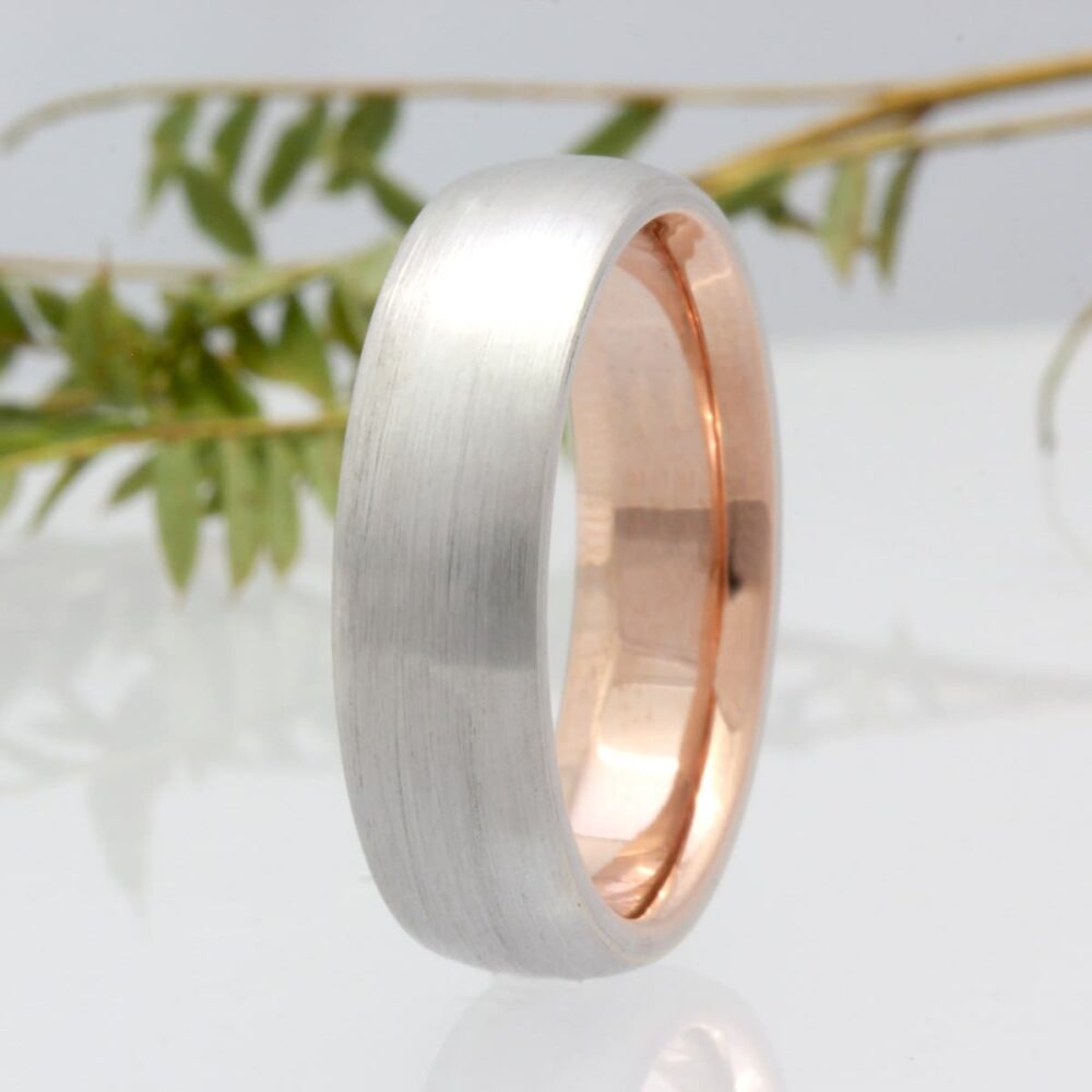Unique White & Rose Brushed Finish With Gold Interior Wedding Band, Comfort Fit, Two Tone, Traditional Band 14K, 18K, Platinum