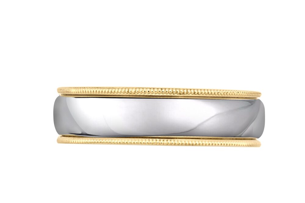 Two Tone Gold Designer Millgrain Edged Wedding Band 6.5mm, Yellow & White, Traditional High Polish 14K, 18K, Platinum