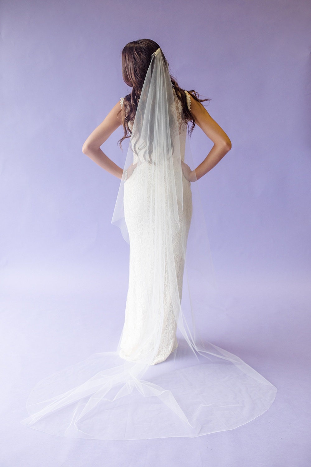 Cascade Cut Wedding Veil, Angel Bridal Soft Tulle Cathedral Curved Edge Single Tier Long Veil