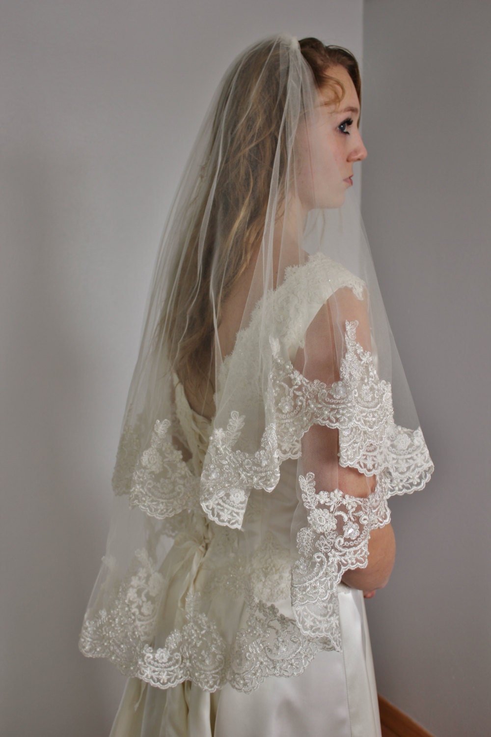 Lace Veil in Two Layers Fingertip With Beaded Wide Lace & Second Tier Could Be Used As A Blusher, Silver Or Gold