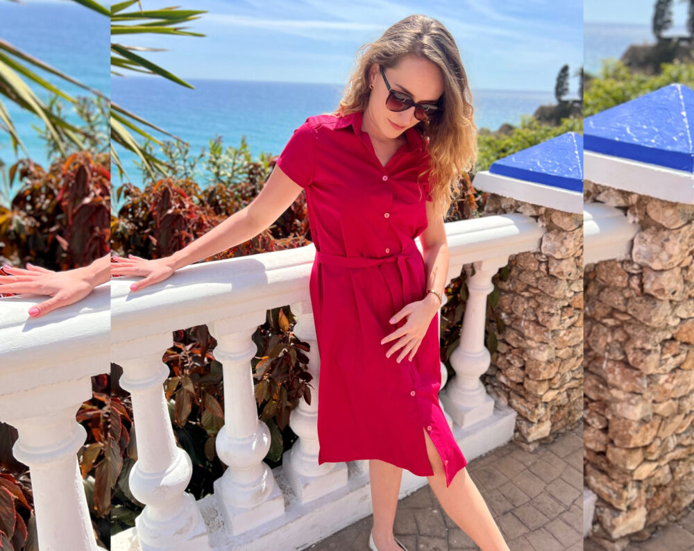 Shirt Dress For Women, Cotton With Collar, Plus Size Dress, Clothing, Cerise Minimalist Midi Wedding Guest