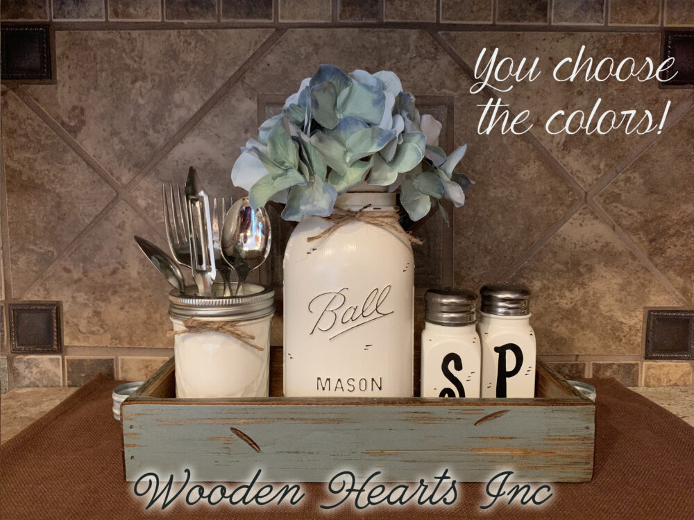 Distressed Wood Tray Centerpiece, Mason Jar Vase, Salt & Pepper Shakers, Flower Kitchen Decor