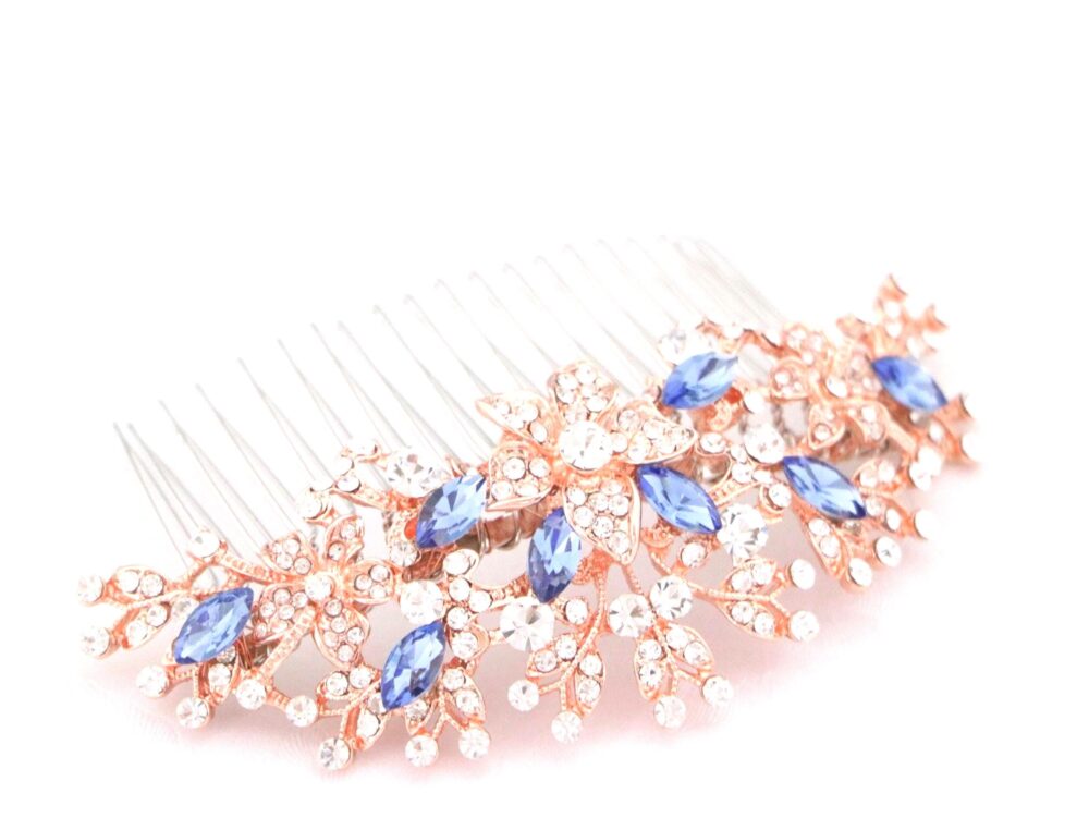 Rose Gold Wedding Hair Comb Navy Blue Crystal Bridal Headpiece Silver Hair Clip Blue Comb Piece