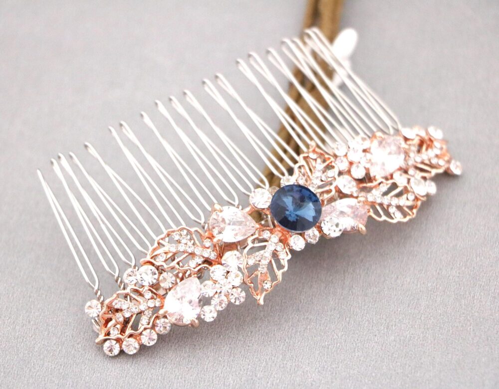 Rose Gold Wedding Hair Comb Blue Jewelry Clip Gold Veil Sapphire Silver Bridal Rhinestone