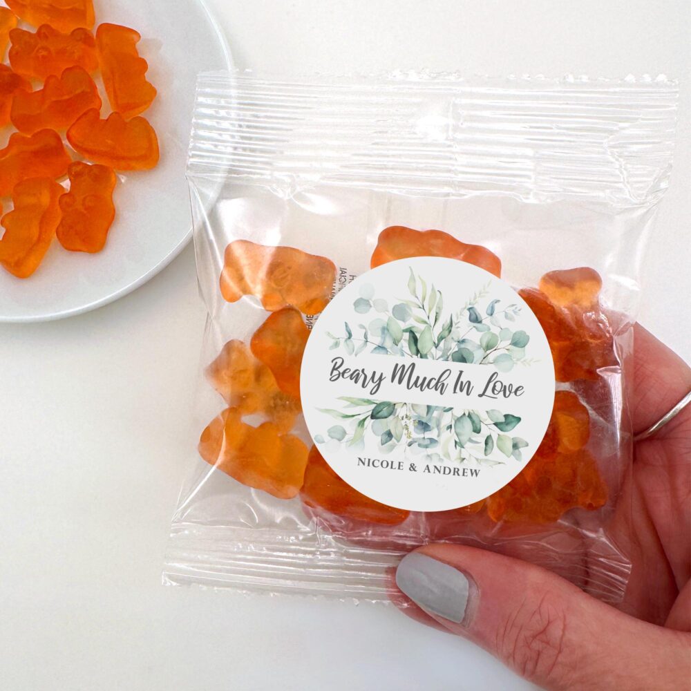 Gummy Bear Wedding Favors, Personalized Bears, Eucalyptus Love You Beary Much, Bridal Shower, Champagne Flavored -Set Of 20