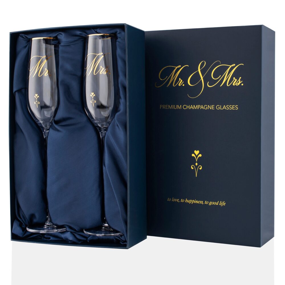 Set Of 2 Wedding Champagne Flutes Gift For Mr & Mrs Gold Letter Glasses Toasting Favors