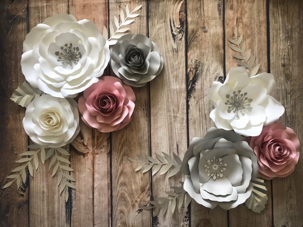 Grey & Blush Medium Set Of Paper Flowers, Nursery Decor, Babyshower Decor. Paper Flowers Wall Decor