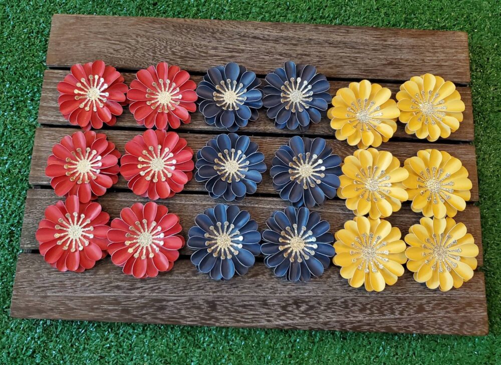 6 Pc Paper Flowers, Red Blue Yellow Flowers