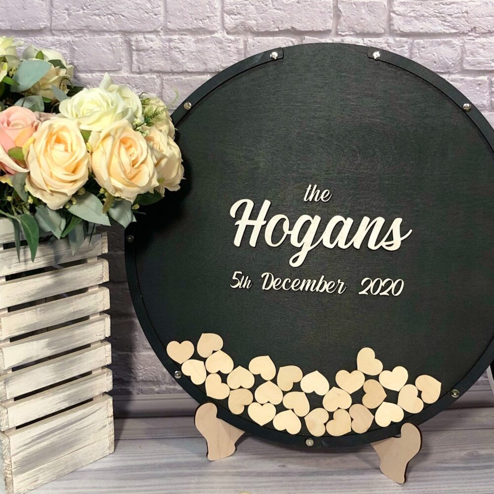 Black Wedding Guest Book Alternative, Wedding Sign in Book, Round Wood Sign, Guestbook Hearts, Drop Box Guest