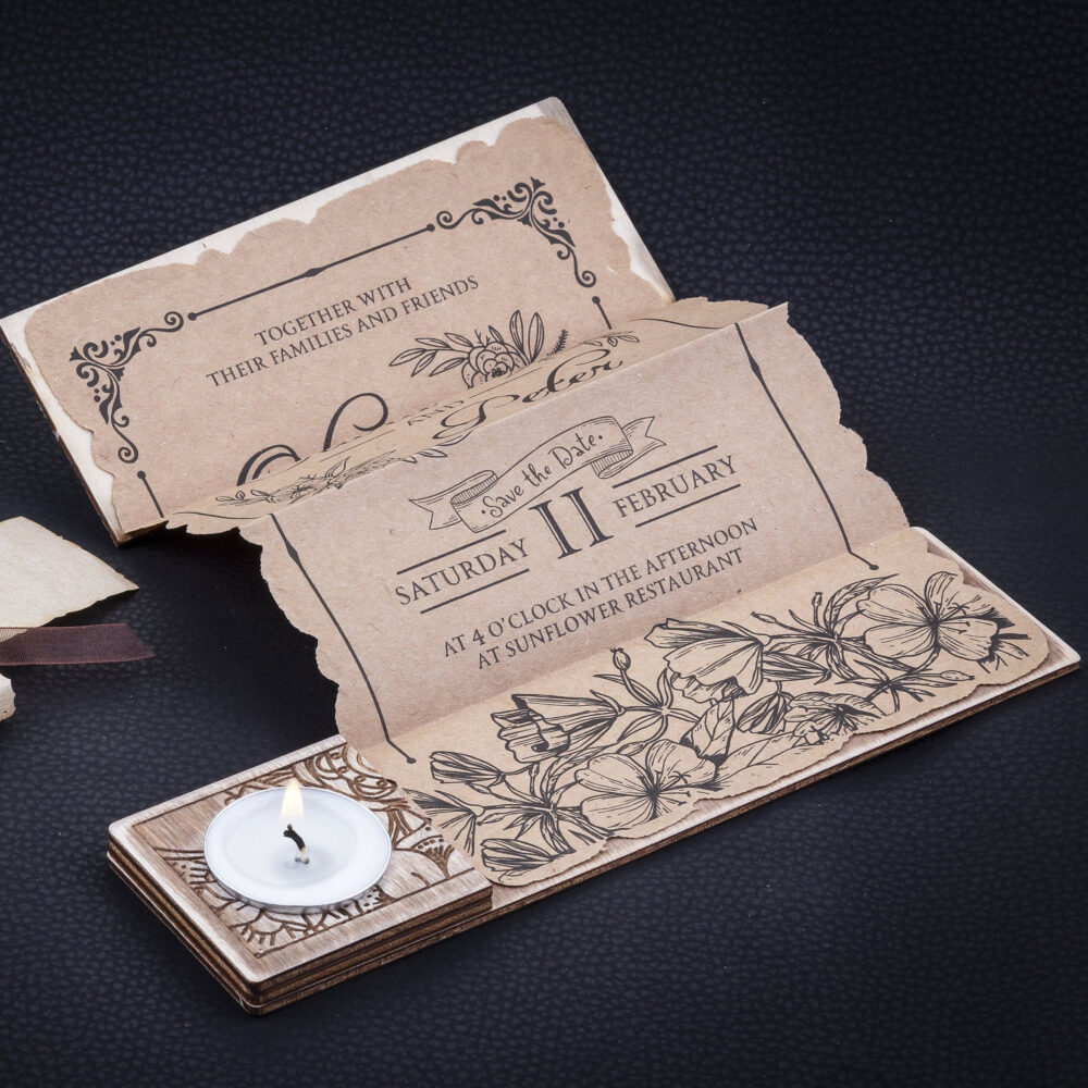 Rustic Wood Wedding Invitation Candle & Kraft Paper, Custom Engraved