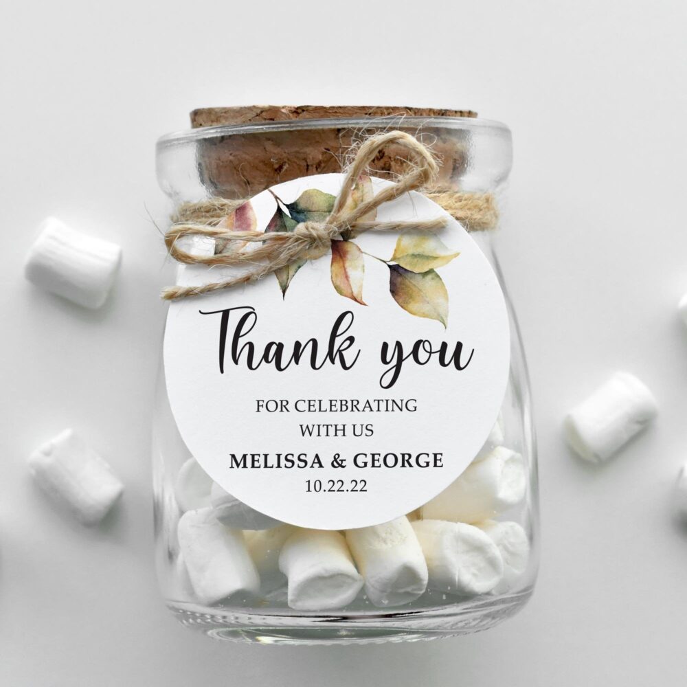 Watercolor Fall Leaves Wedding Favor Tag, Autumn Foliage Round Thank You Personalized