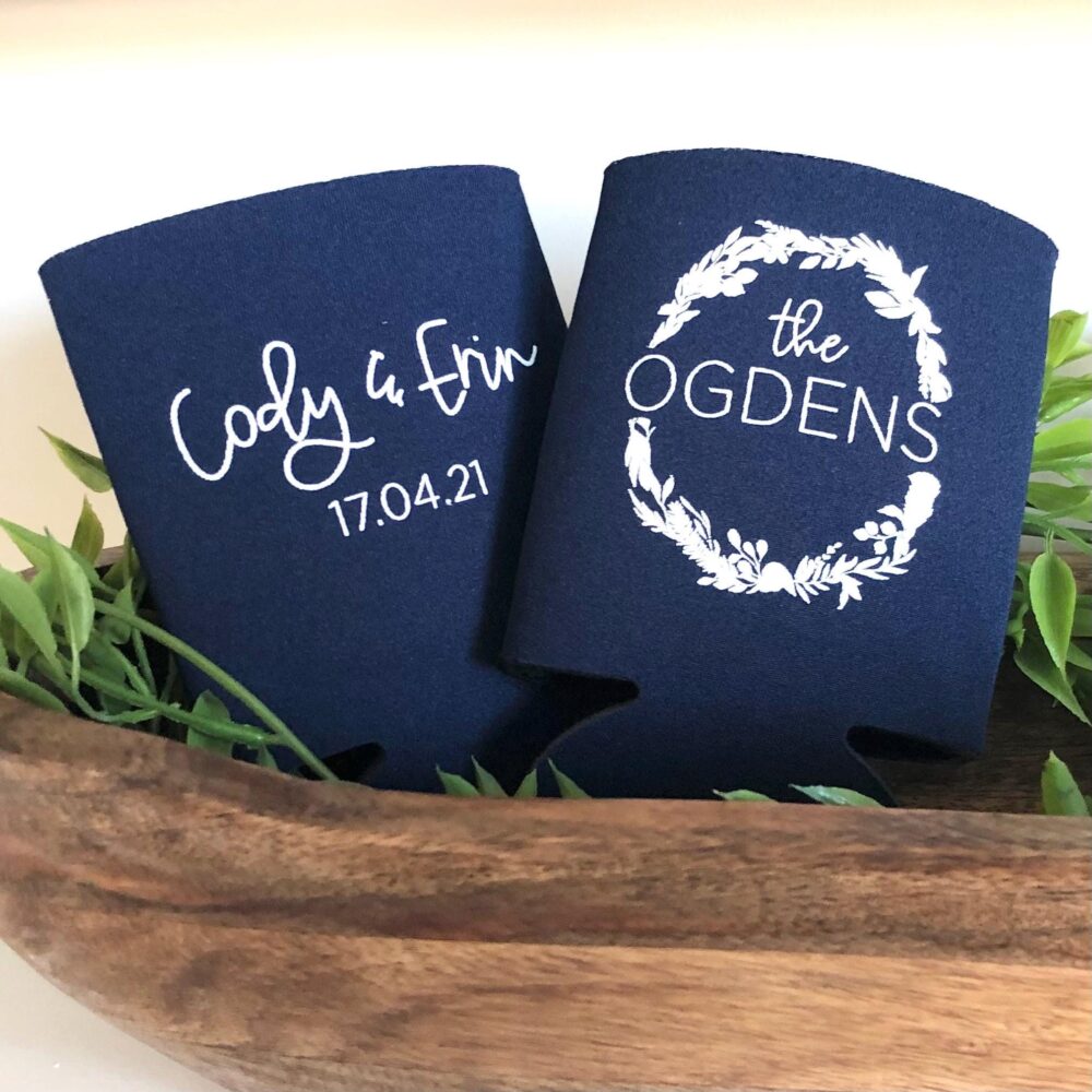 Spring Wedding Favors | Custom Can Coolers Reception For Guests Floral Greenery Stubby Holders Wreath