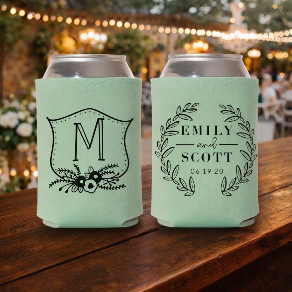 Monogram Crest Wedding Favors | Summer Personalized Can Coolers, Reception For Guests Spring