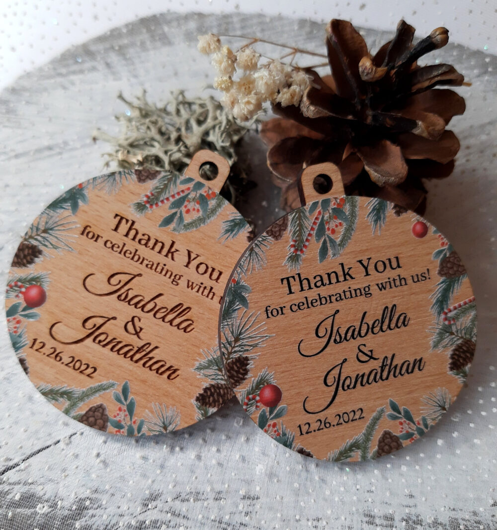 Wedding Favors, Wedding Favor Ornaments, Winter Thank You Gifts For Guest, Wooden Christmas Ball Custom