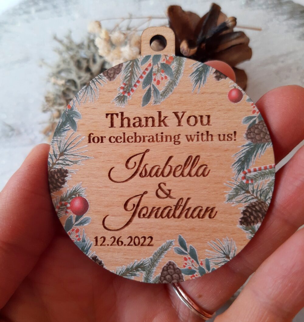Wedding Favor Ornaments, Winter Wedding Favors, Thank You Gifts For Guests, Wooden Christmas Ball Ornament, Personalized, 10 Pc