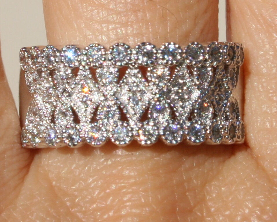 sterling Silver Wide Band Ring Round & Marquise Cz Trim
