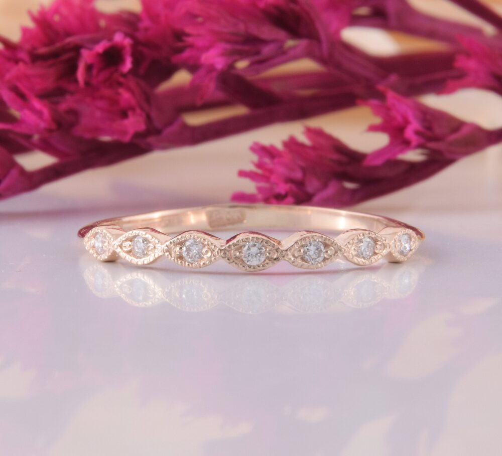Dainty Rose Gold Cz Wedding Band, Delicate Marquise Stacking Ring, Minimalist Cubic Zirconia Bridal Band For Her