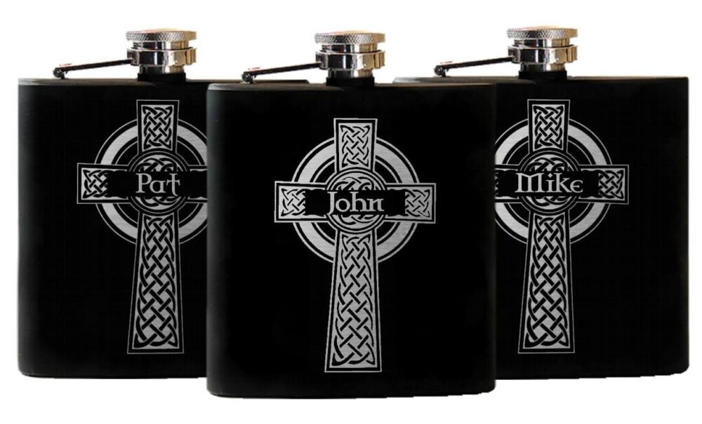 5 Celtic Cross Flasks, Personalized Groomsmen Gift, Custom Engraved Irish Wedding, Black Stainless Hip Flask - Flasks