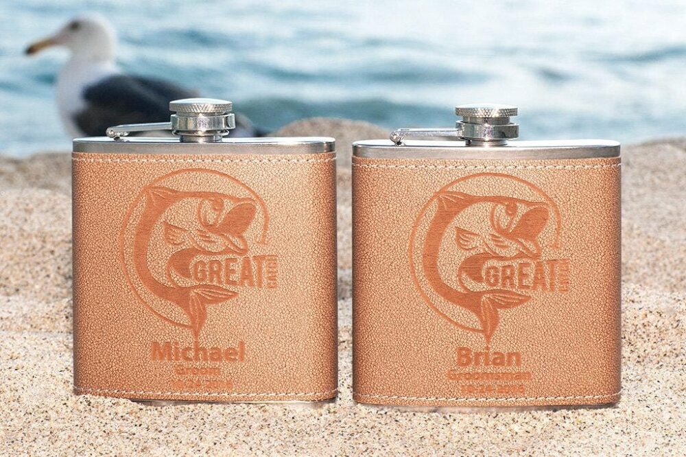 Wedding Gift Personalized Leather Flask "Great Catch", Groomsman, Father Of Groom, Best Man, Fishing