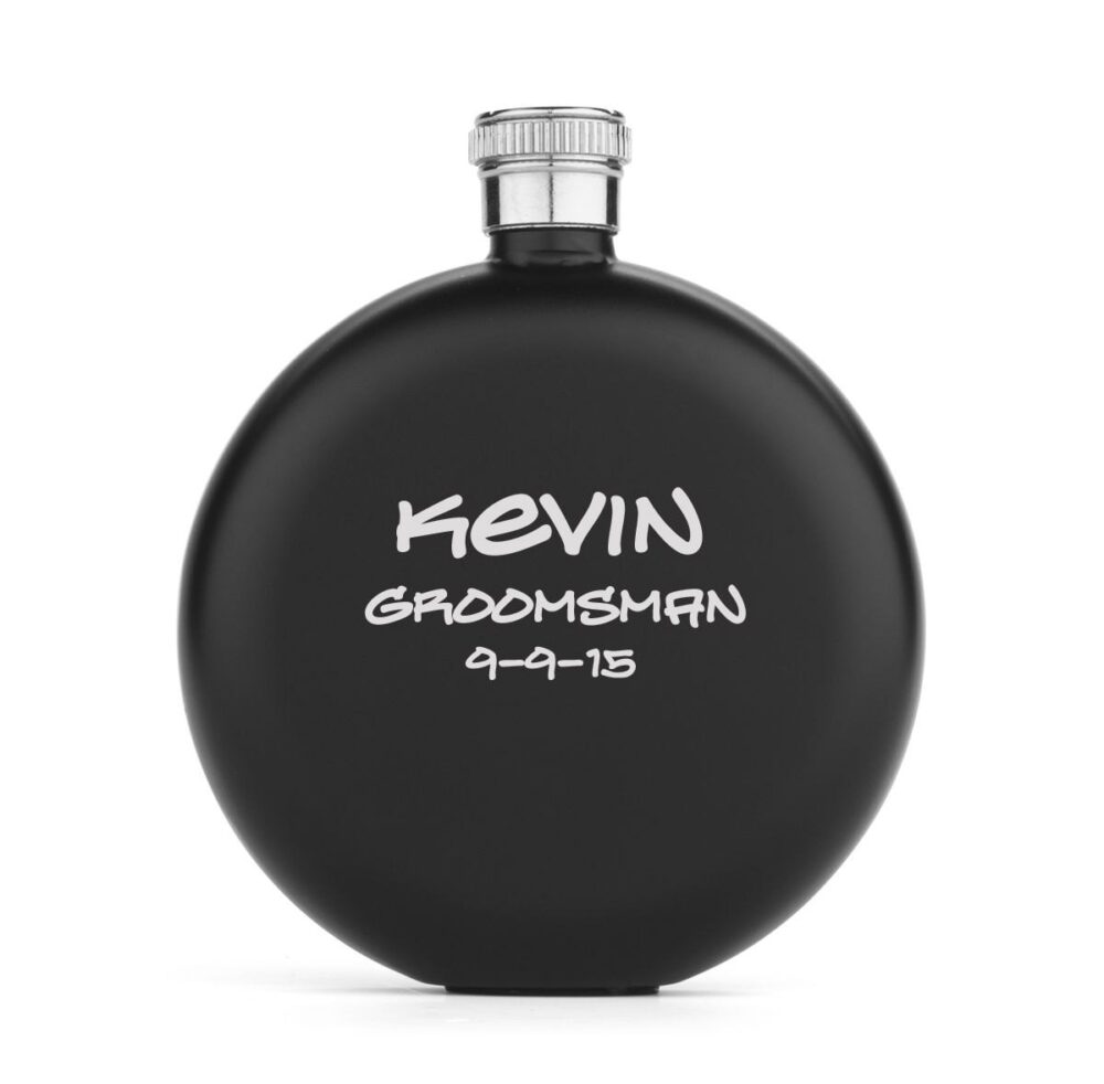 Engraved 5Oz Matte Black Stainless Steel Round Hip Flask Personalized Custom Groomsman Best Man Wedding Gift