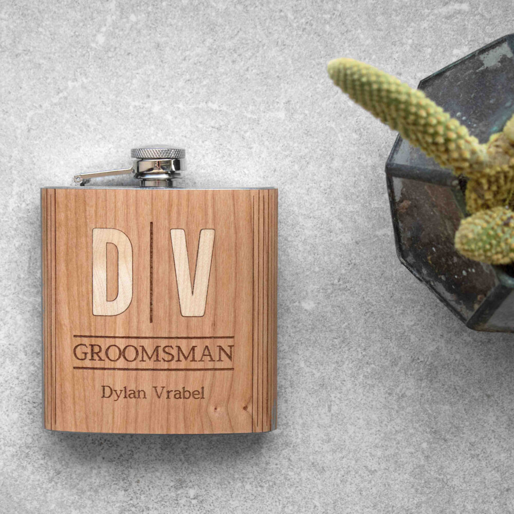 Personalized Cherry Wood Hip Flask - Custom Initials Maple Inlay Groomsman Gift 6Oz Stainless Steel Wedding Party For Him