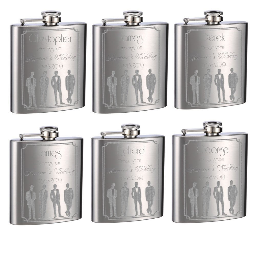 Wedding Flasks For Groomsmen & Groom, 6 Pack Of 6Oz Flasks, Personalized