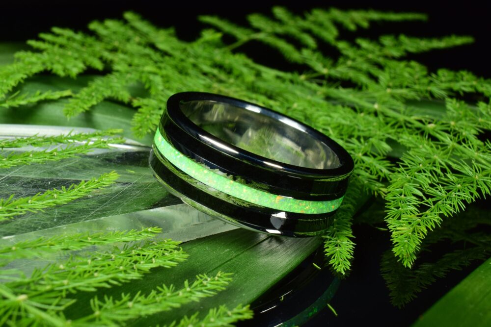 Wedding Ring, Stainless Steel Ring With Crushed Black Tourmaline & Light Green Opal