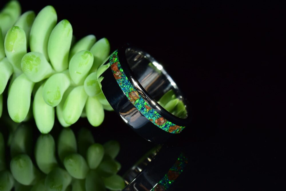 Wedding Ring, Stainless Steel Ring With Crushed Dark Green Opal & Raptor Teeth