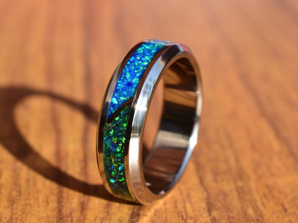 Wedding Ring, Stainless Steel Ring With Crushed Ocean Blue & Dark Green Opals